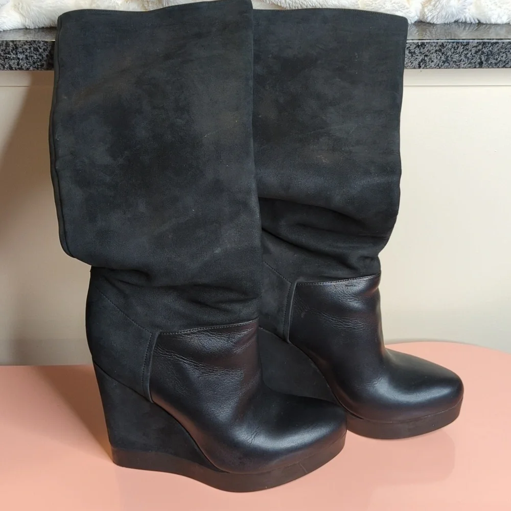 Vince Suede Nubuck Wedge Knee High Mob Wife Boots Made in Italy Black 9 US 40 EU